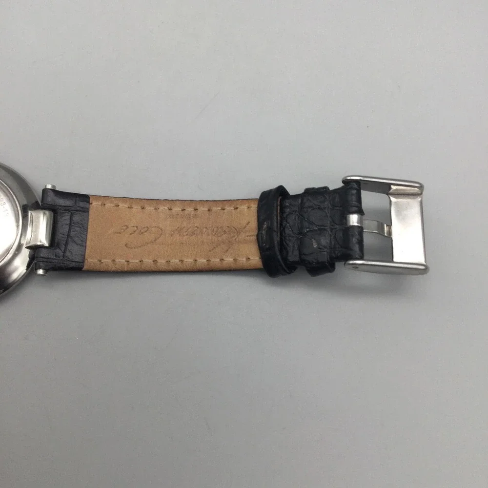 Kenneth Cole KC2279 Mens Watch 34mm Silver Tone Black Leather Date New Battery